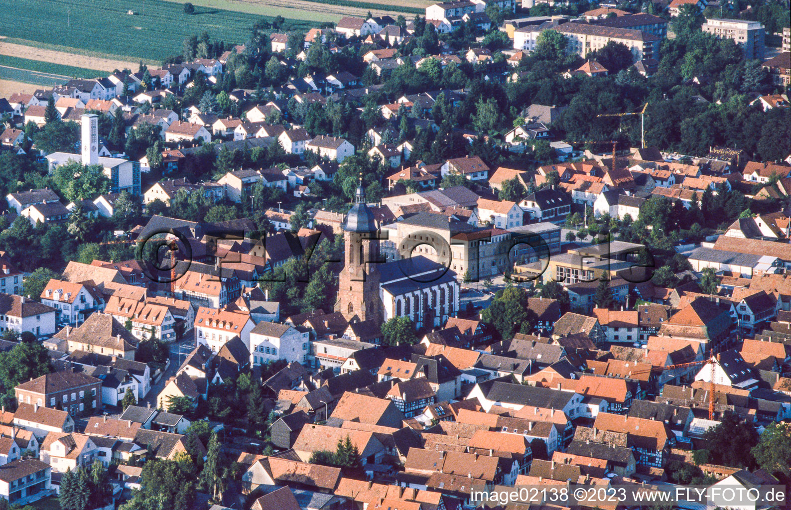 Aerial view of St. George's Church from the balloon in Kandel in the state Rhineland-Palatinate, Germany