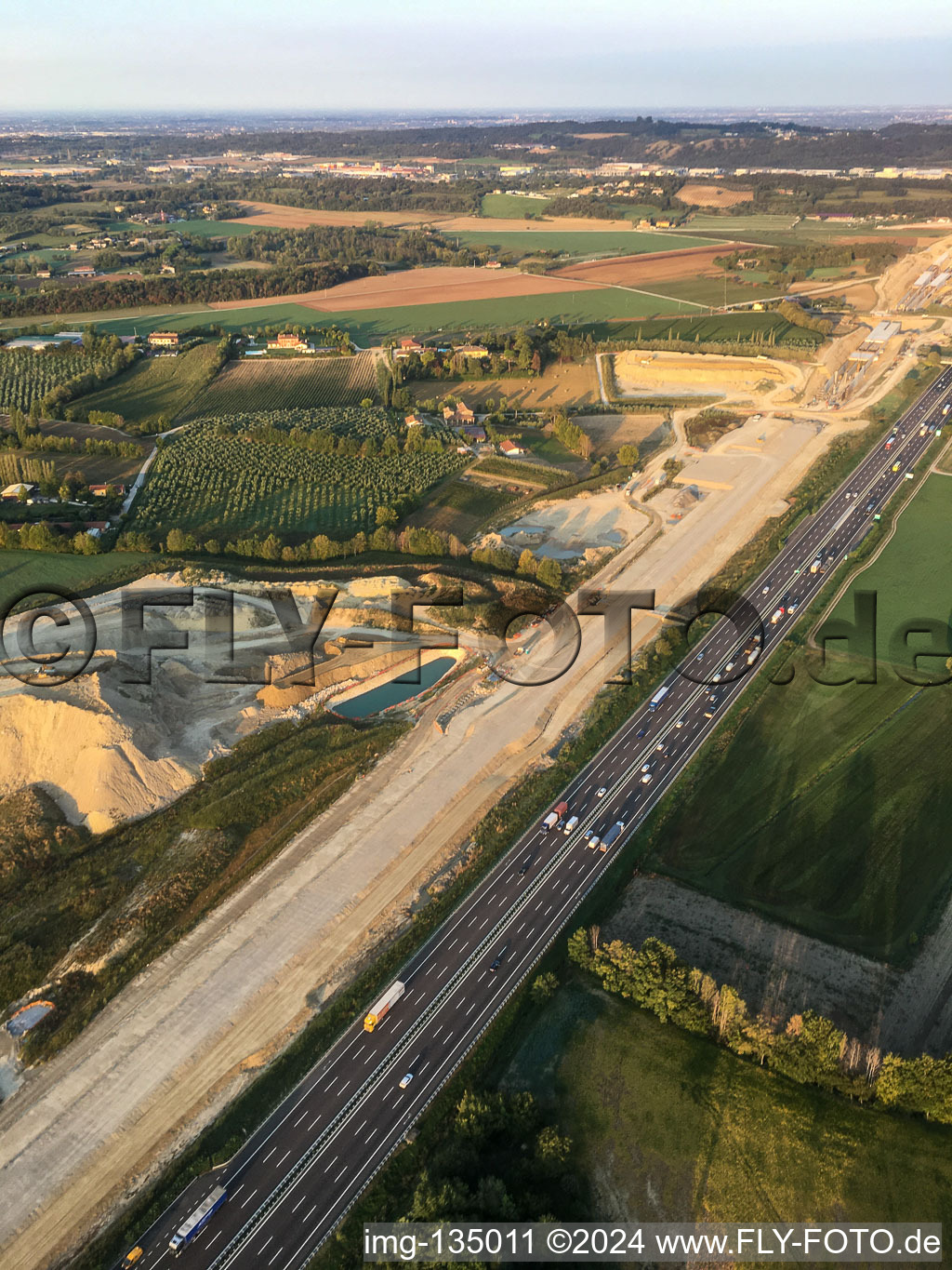 Aerial view of Tunnel construction site along the A4 in the district Bornade di Sotto in Desenzano del Garda in the state Brescia, Italy