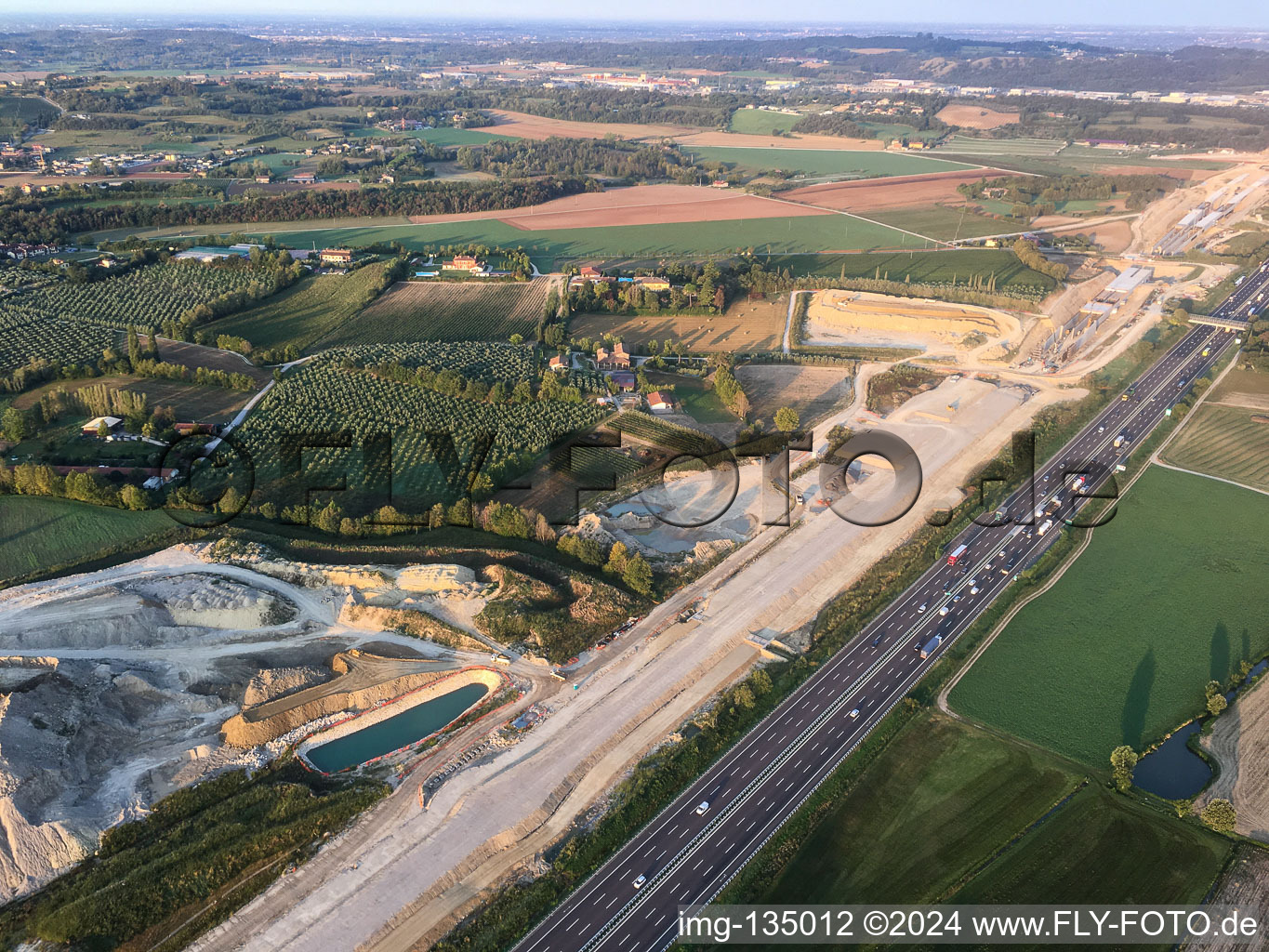 Aerial photograpy of Tunnel construction site along the A4 in the district Bornade di Sotto in Desenzano del Garda in the state Brescia, Italy