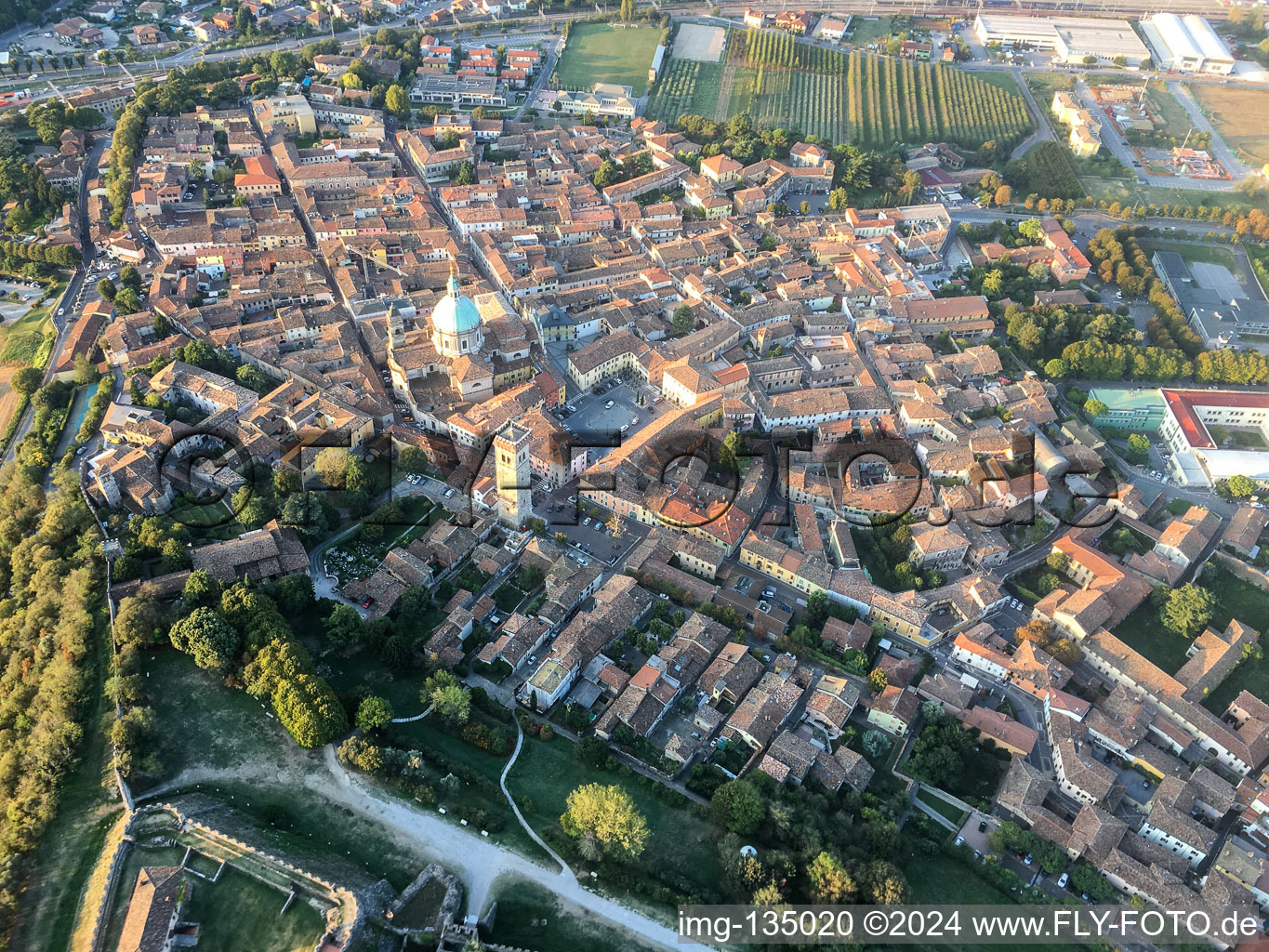 Aerial view of Basilica of San Giovanni Battista in the district Lonato in Lonato del Garda in the state Brescia, Italy