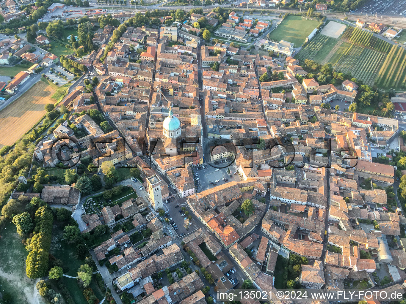 Aerial photograpy of Basilica of San Giovanni Battista in the district Lonato in Lonato del Garda in the state Brescia, Italy