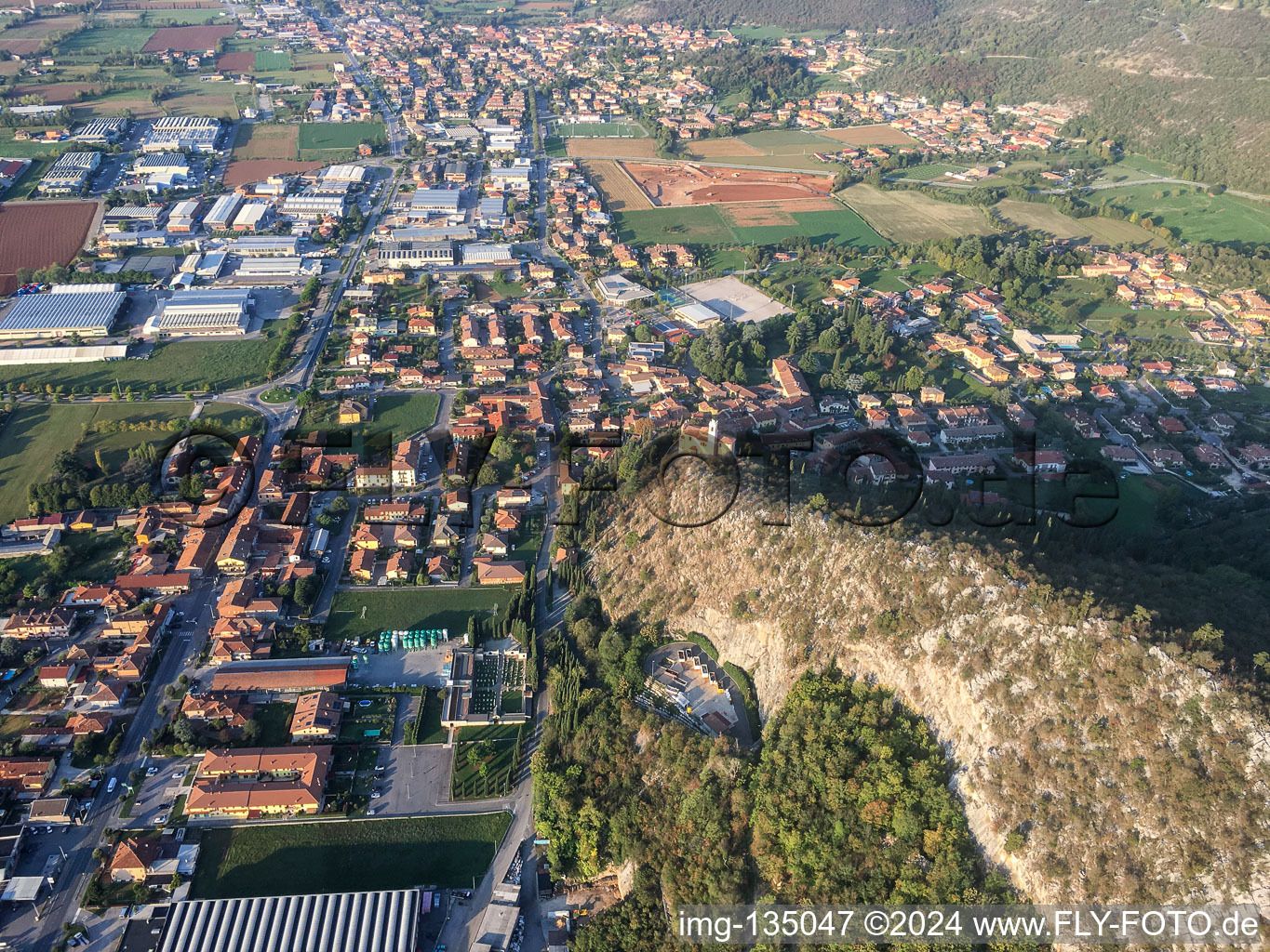 Aerial view of Church of Santa Giulia in Paitone in the state Brescia, Italy