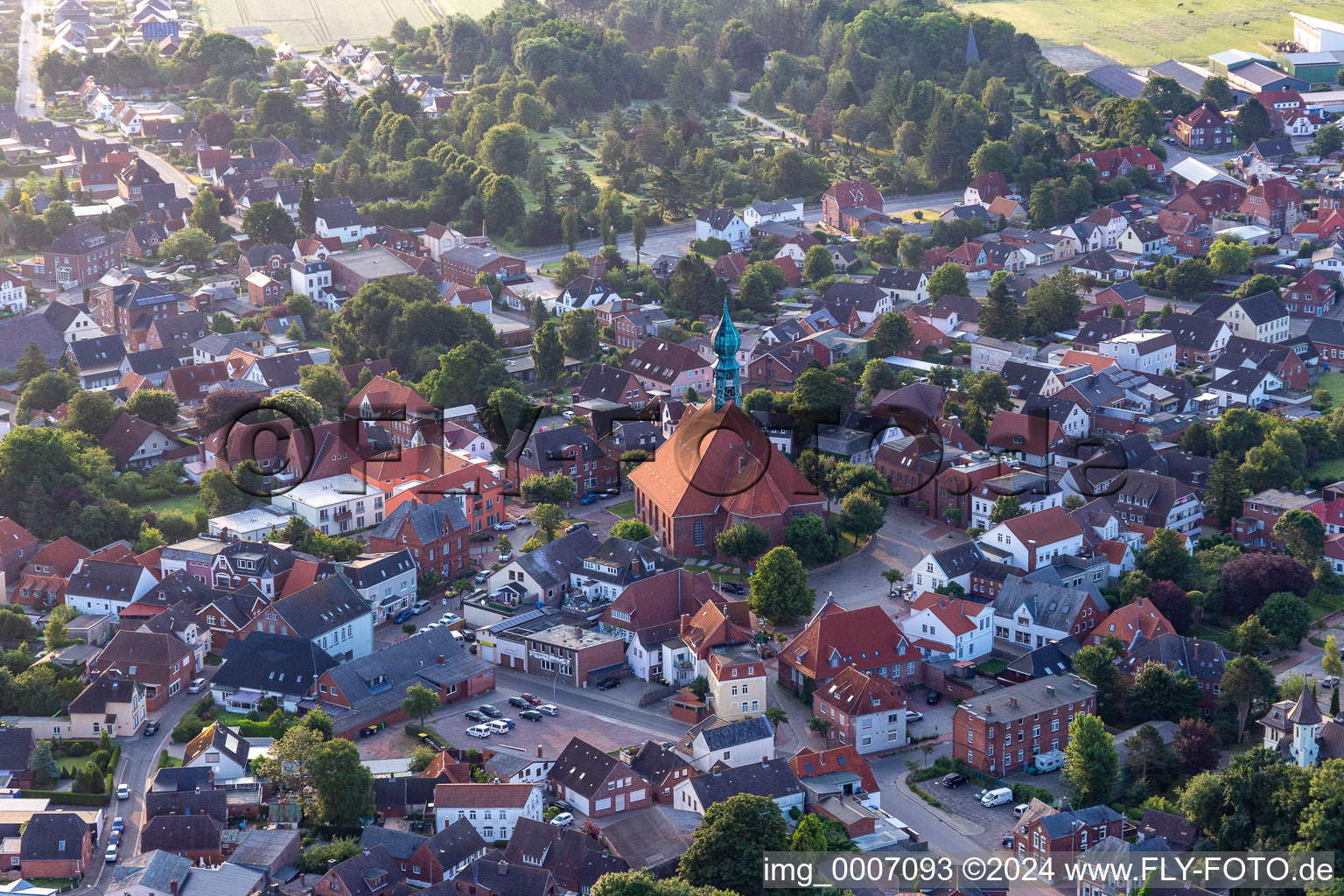 Market Square and St. Bartholomew's Church in Wesselburen in the state Schleswig Holstein, Germany