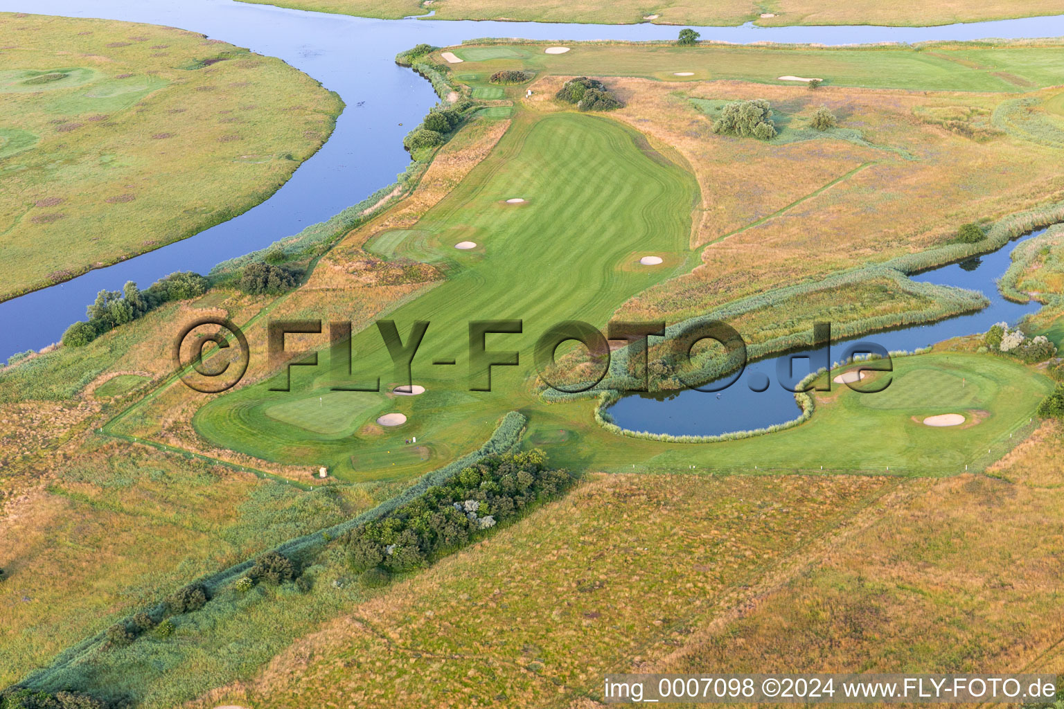 Aerial view of Grounds of the Golf course at of Golfclub Buesum Dithmarschen e.V. in Warwerort in the state Schleswig-Holstein, Germany