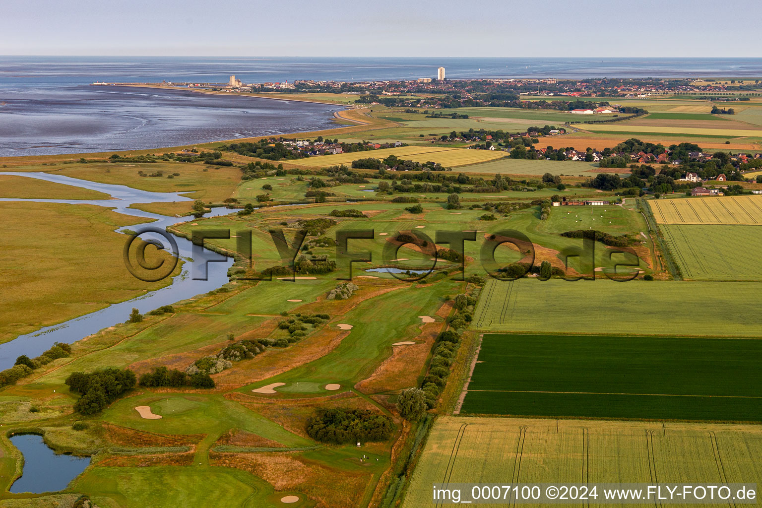 Oblique view of Grounds of the Golf course at of Golfclub Buesum Dithmarschen e.V. in Warwerort in the state Schleswig-Holstein, Germany