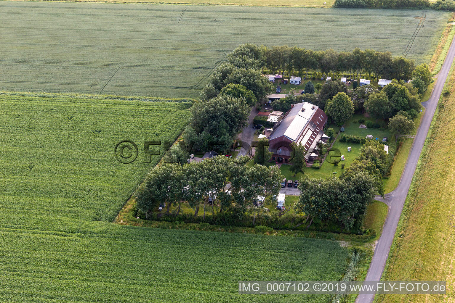 Aerial view of Achtern Diek holiday resort in Nordermeldorf in the state Schleswig Holstein, Germany
