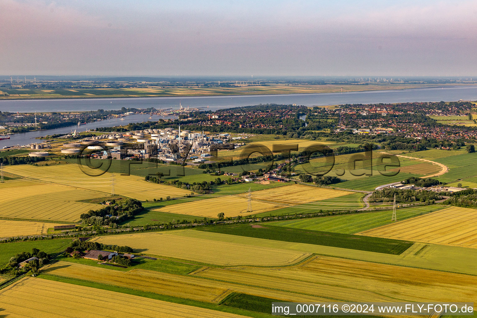 Aerial view of Mouth of the Kiel Canal into the Elbe in the district Blangenmoor in Brunsbüttel in the state Schleswig Holstein, Germany