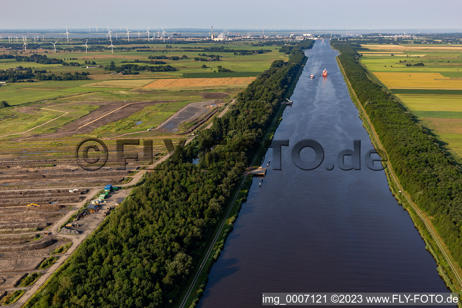 Channel flow and river banks of the waterway shipping Nordostseekanal in Buchholz in the state Schleswig-Holstein, Germany