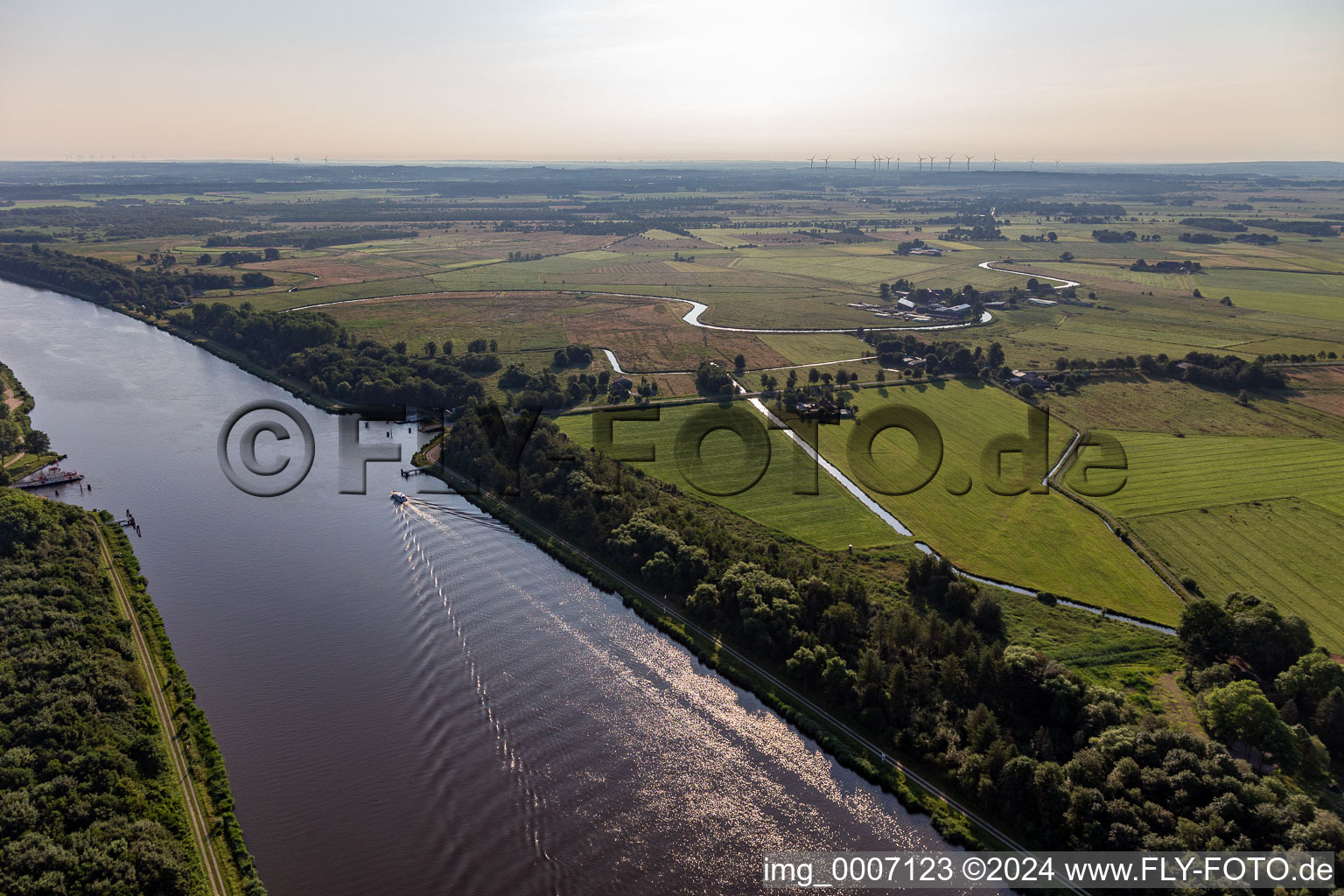 Aerial view of Ferry across the Kiel Canal in Burg in the state Schleswig Holstein, Germany