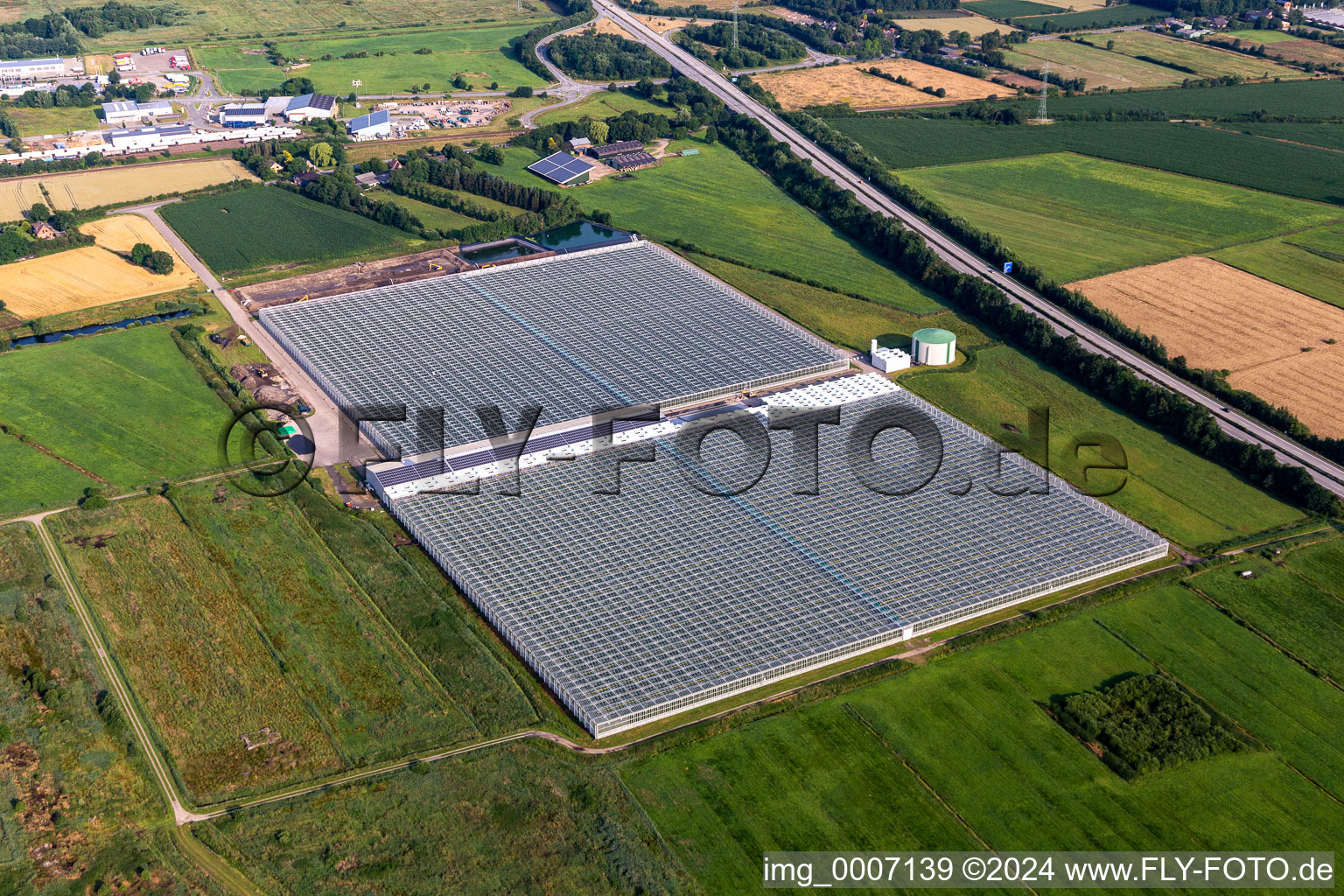 Aerial view of Glass roof surfaces in the greenhouse for vegetable growing ranks of Vitarom frischgemuese GmbH in Hemmingstedt in the state Schleswig-Holstein, Germany