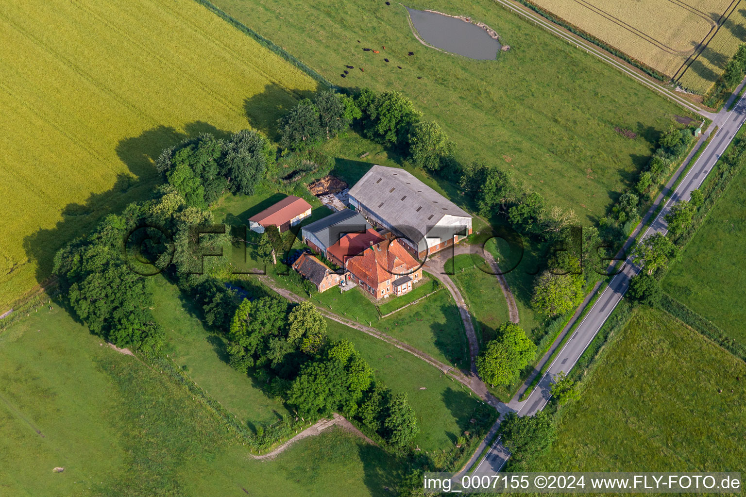 Aerial view of Blankenmoorer Street in the district Blankenmoor in Neuenkirchen in the state Schleswig Holstein, Germany