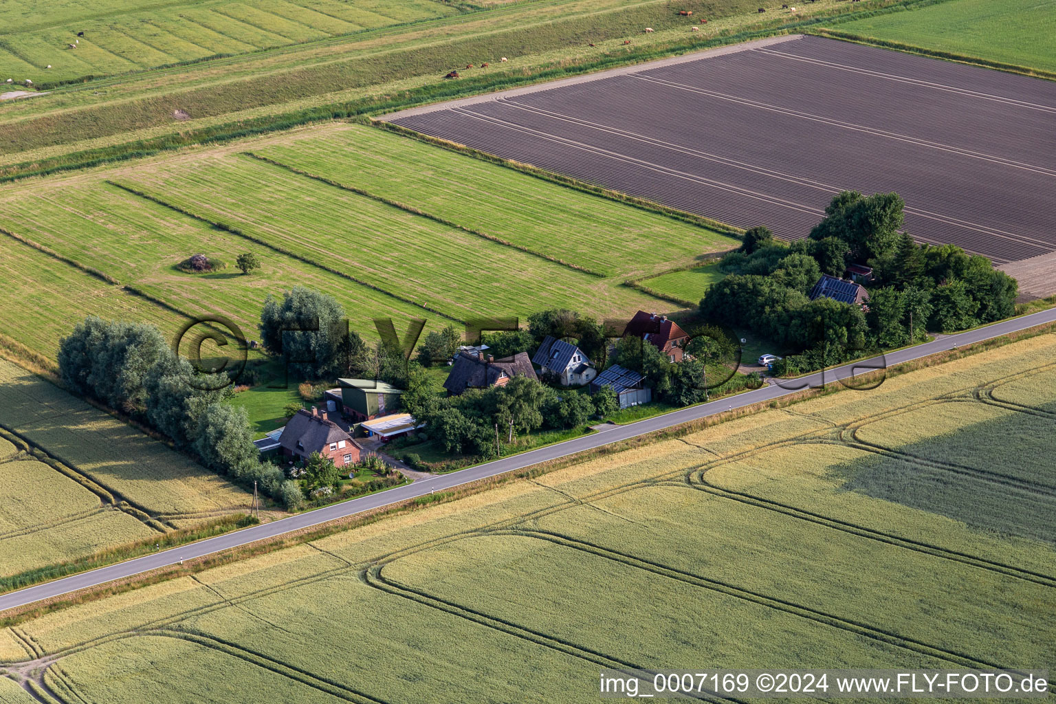 Aerial view of Former dike keeper's farms on Schülpersieler Straße in Wesselburenerkoog in the state Schleswig Holstein, Germany