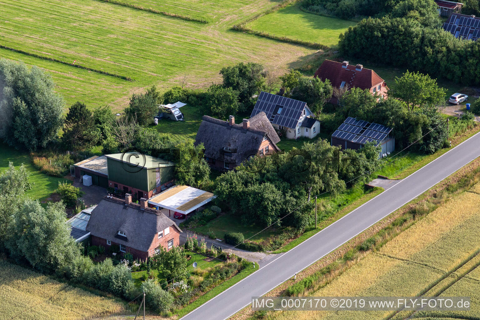 Aerial photograpy of Former dike keepers' yards on Schülpersieler Straße in Wesselburenerkoog in the state Schleswig Holstein, Germany
