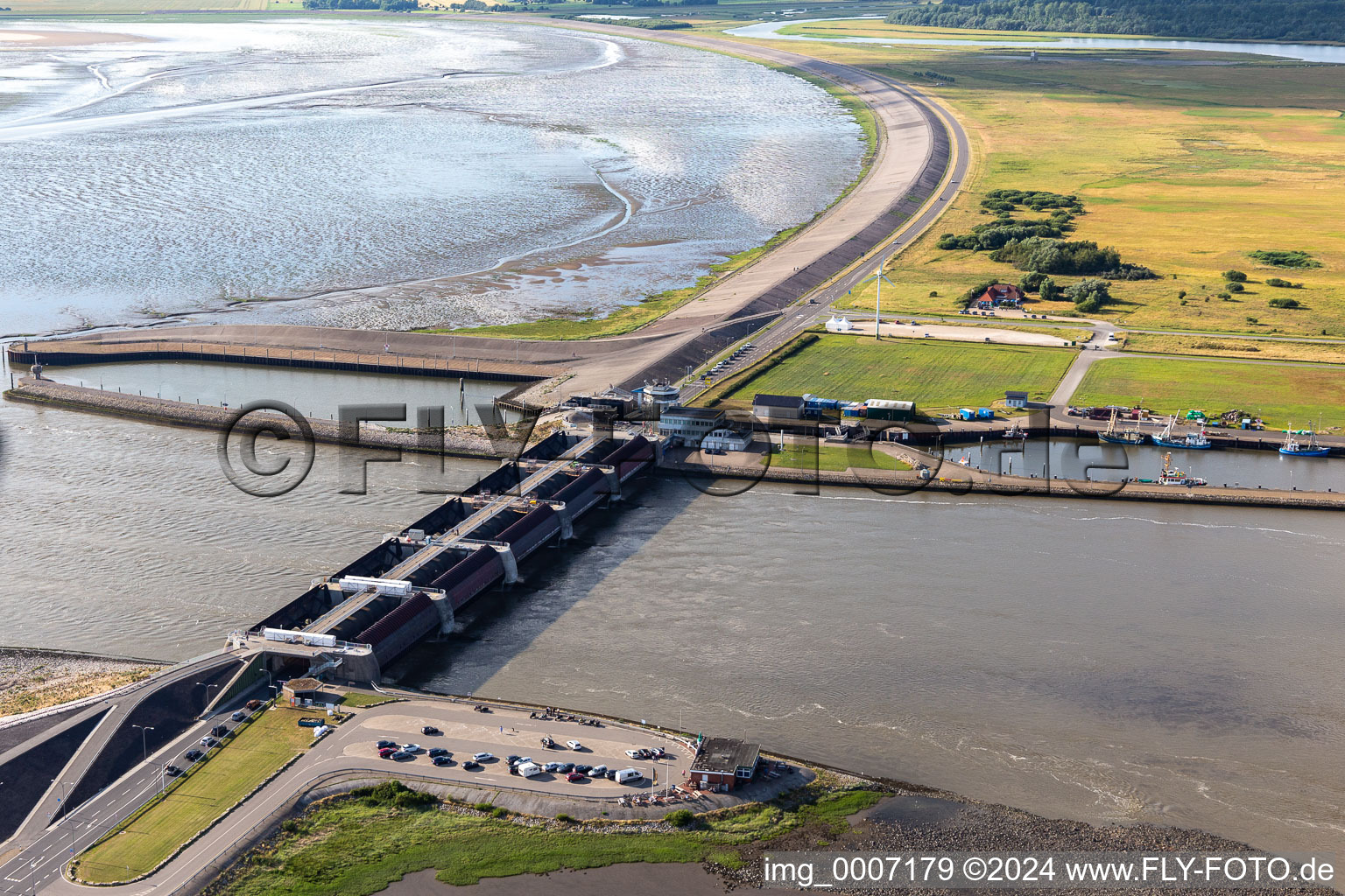 Aerial view of Lockage of the Eider-Sperrwerk in Wesselburenerkoog in the state Schleswig-Holstein