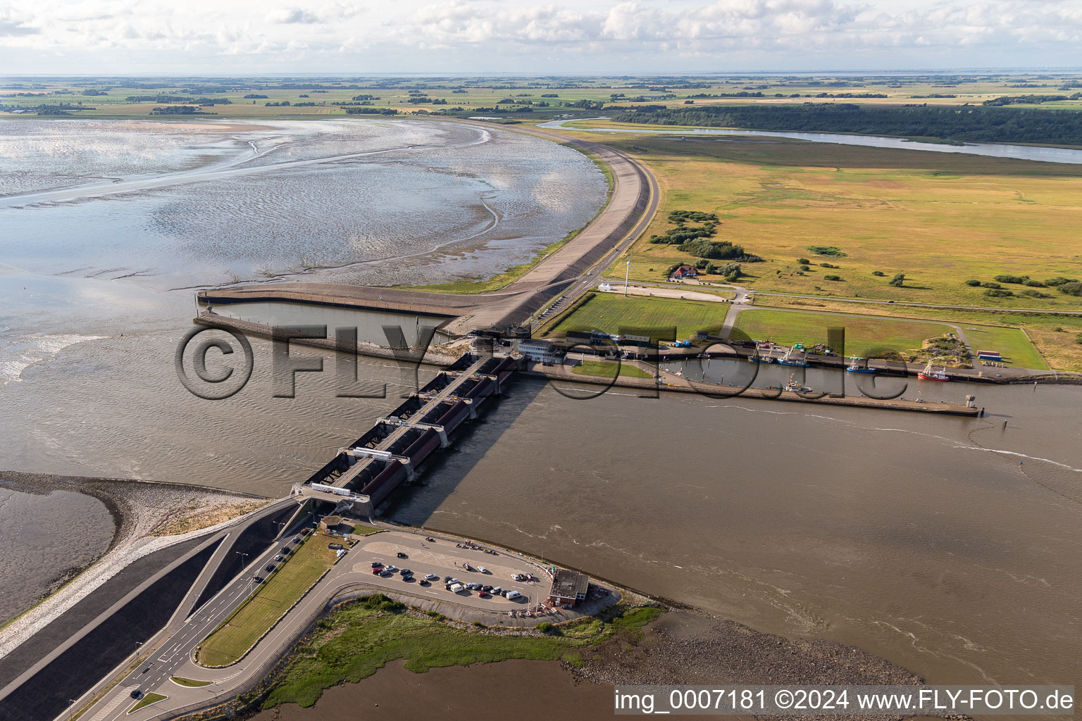 Aerial view of Eider Barrage in Tönning in the state Schleswig Holstein, Germany