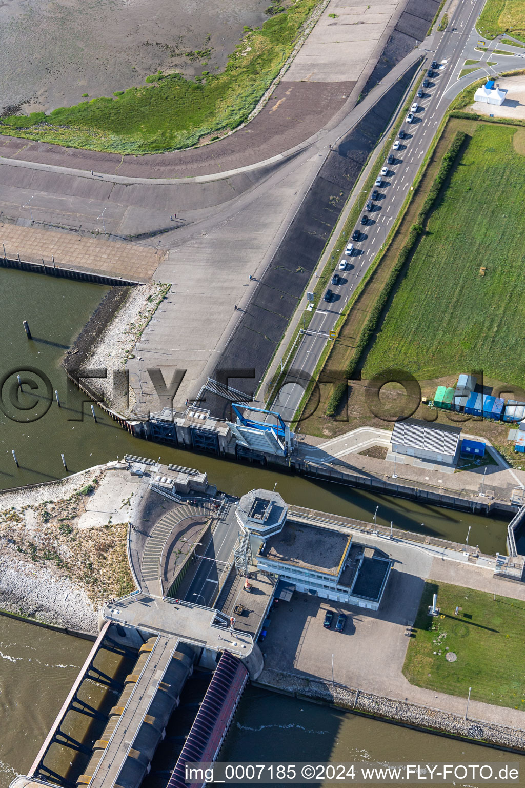 Oblique view of Lockage of the Eider-Sperrwerk in Wesselburenerkoog in the state Schleswig-Holstein