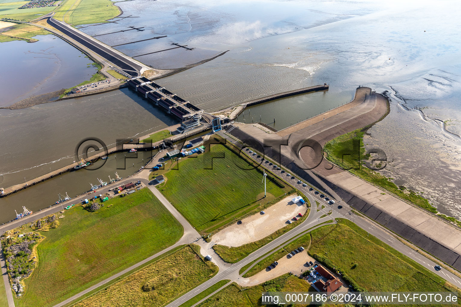 Lockage of the Eider-Sperrwerk in Wesselburenerkoog in the state Schleswig-Holstein from above