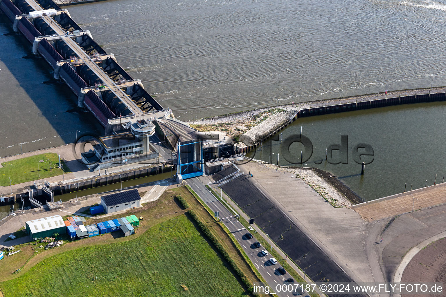 Lockage of the Eider-Sperrwerk in Wesselburenerkoog in the state Schleswig-Holstein out of the air