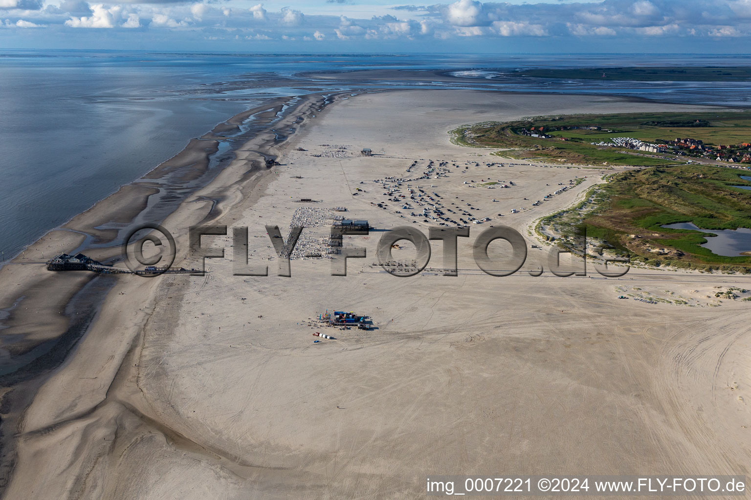 Aerial view of Coastline on the sandy beach of North Sea in Sankt Peter-Ording in the state Schleswig-Holstein, Germany