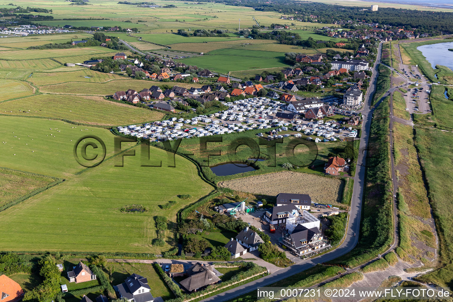 Campsite Biehl with caravans and tents on the beach of North Sea in Sankt Peter-Ording in the state Schleswig-Holstein, Germany