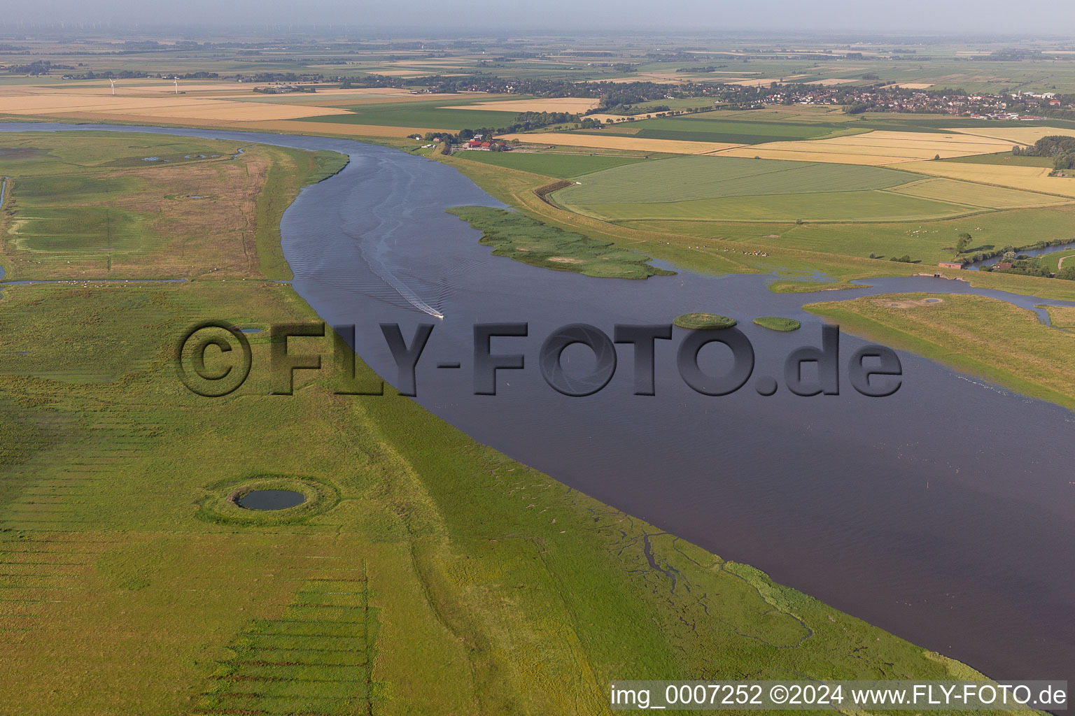 Aerial view of Oldensworter Vorland nature reserve on the Eider in Oldenswort in the state Schleswig Holstein, Germany