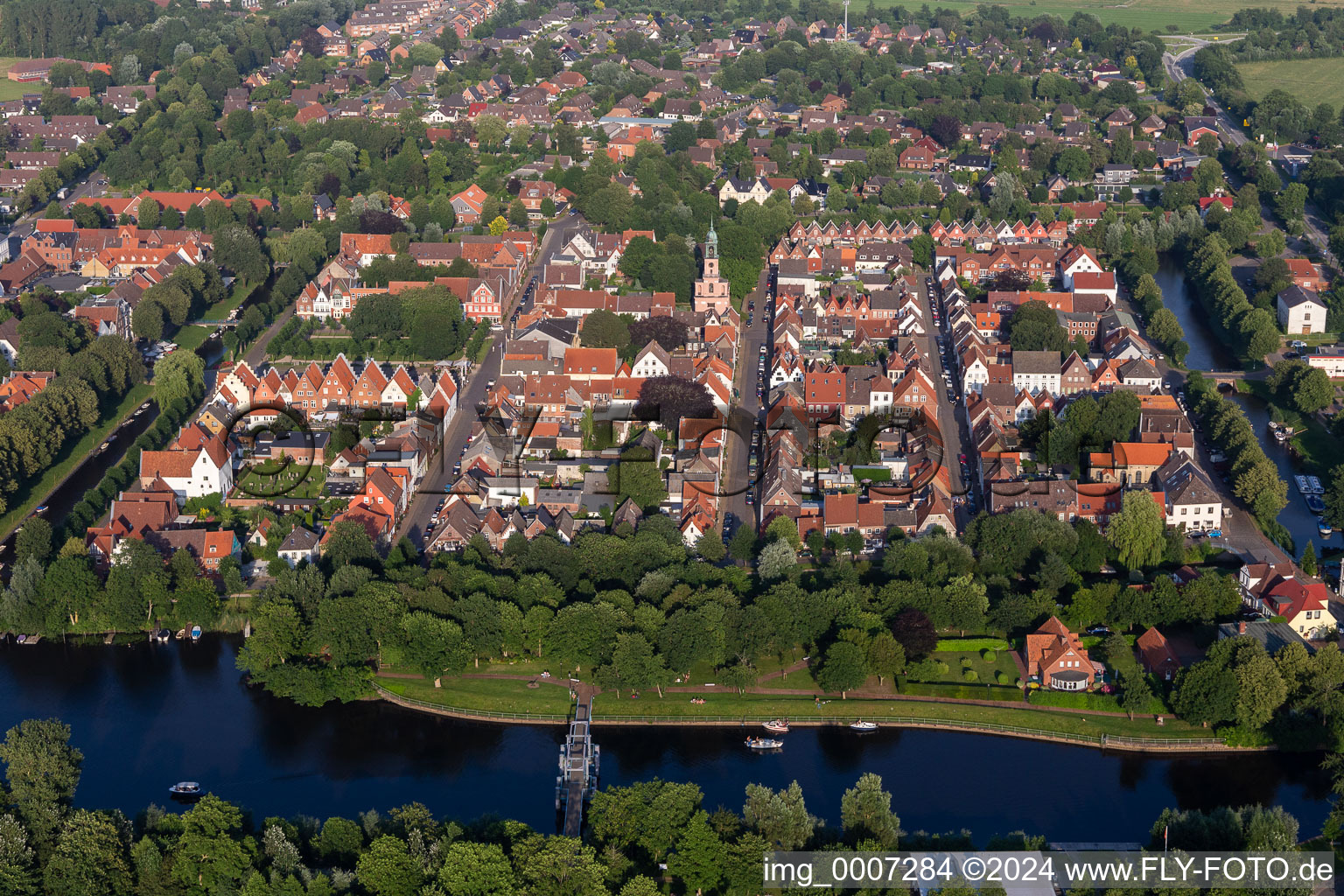 Aerial view of Town on the banks of the rivers Treene, Westersielzug and Eider in Friedrichstadt in the state Schleswig-Holstein, Germany