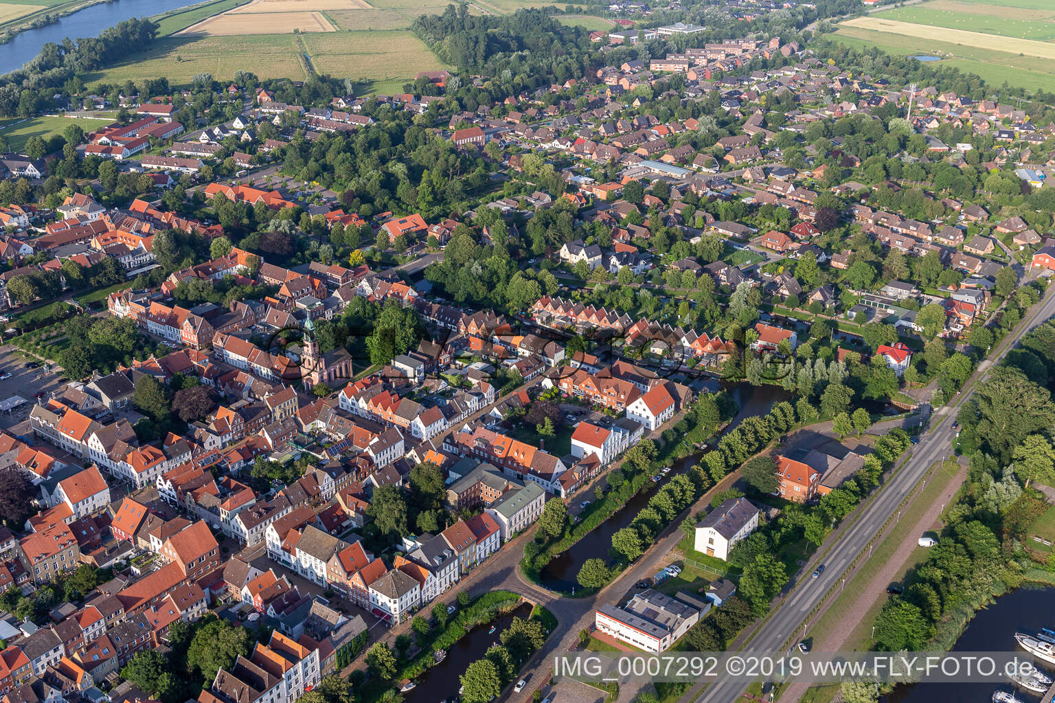 Aerial view of Canal city between Treene, Westersielzug and Eider in Friedrichstadt in the state Schleswig Holstein, Germany