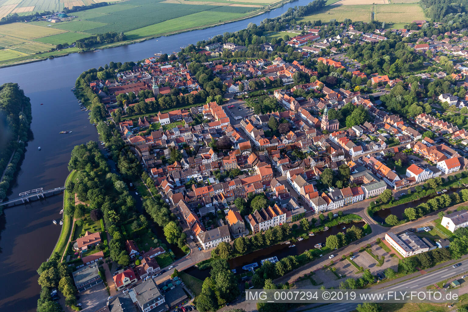 Oblique view of Canal city between Treene, Westersielzug and Eider in Friedrichstadt in the state Schleswig Holstein, Germany