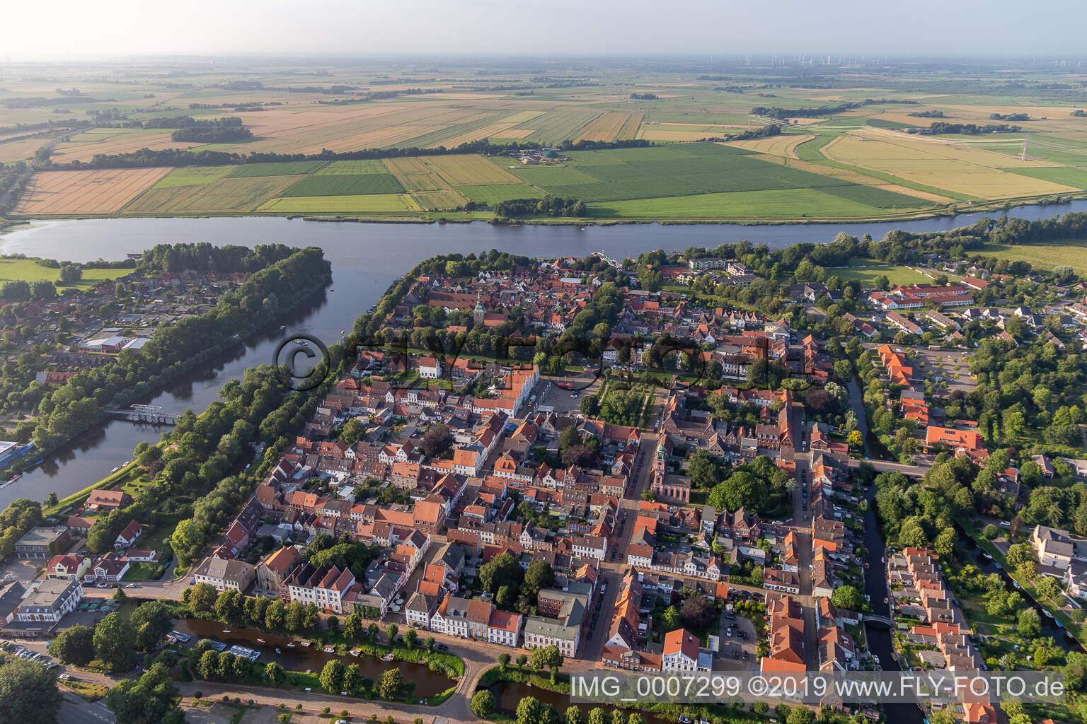 Canal city between Treene, Westersielzug and Eider in Friedrichstadt in the state Schleswig Holstein, Germany out of the air