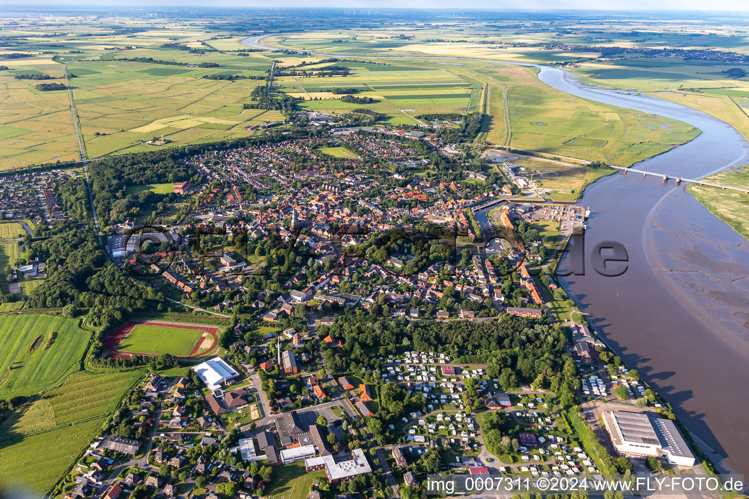 Town view of the streets and houses of the residential areas in Toenning an der Eider in the state Schleswig-Holstein, Germany