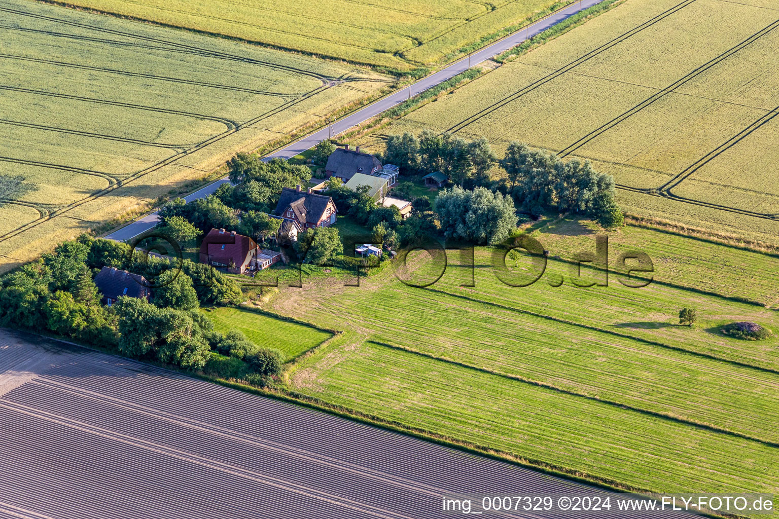 Former dike keepers' yards on Schülpersieler Straße in Wesselburenerkoog in the state Schleswig Holstein, Germany from above