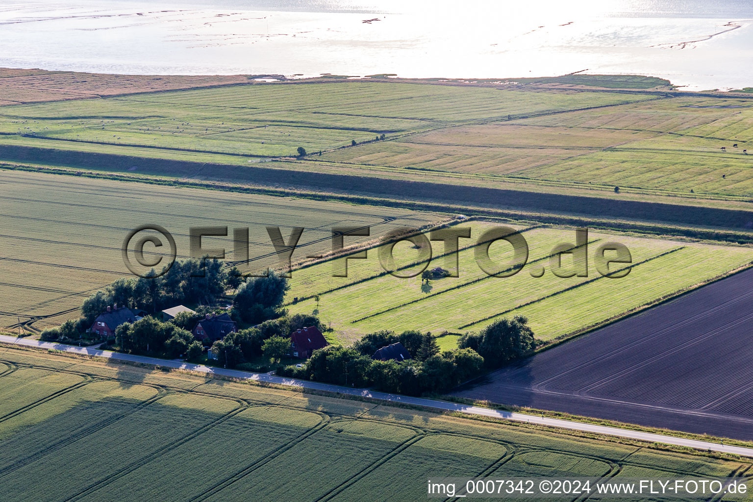 Former dike keeper's farms on Schülpersieler Straße in Wesselburenerkoog in the state Schleswig Holstein, Germany from the drone perspective