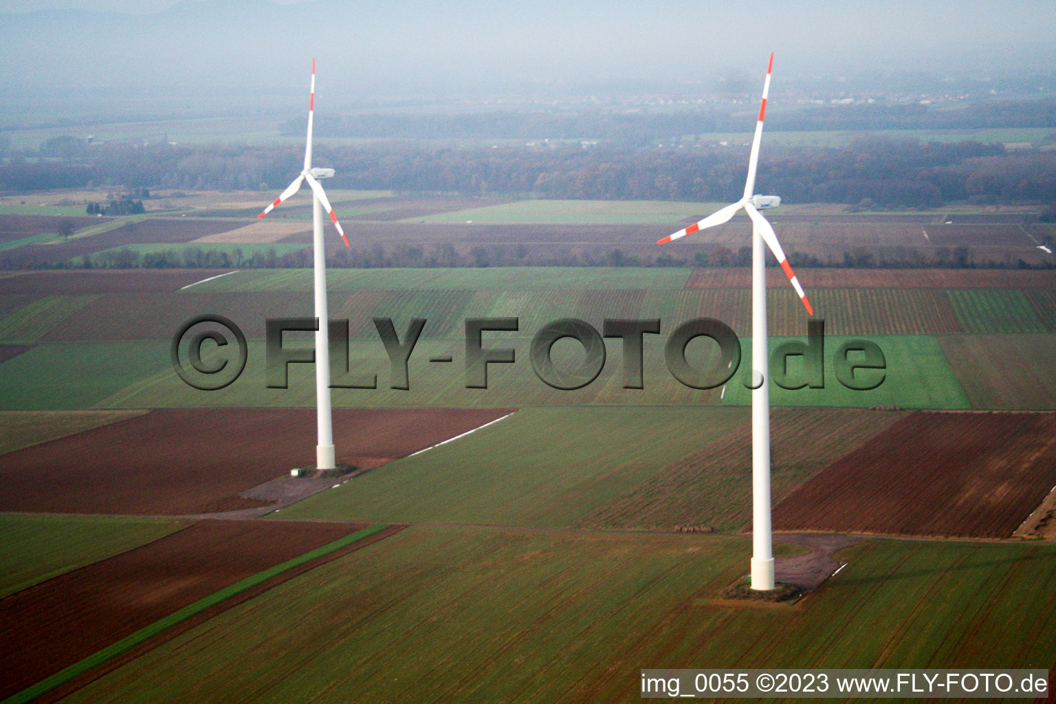 Aerial view of Wind turbines in Minfeld in the state Rhineland-Palatinate, Germany