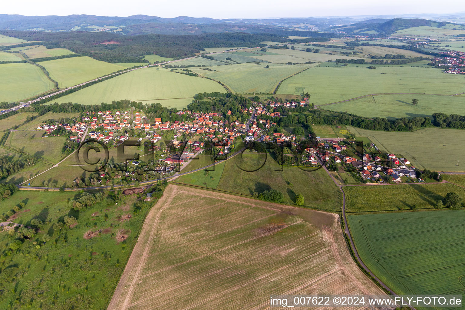 Village view on the edge of agricultural fields and land in Laucha in the state Thuringia, Germany