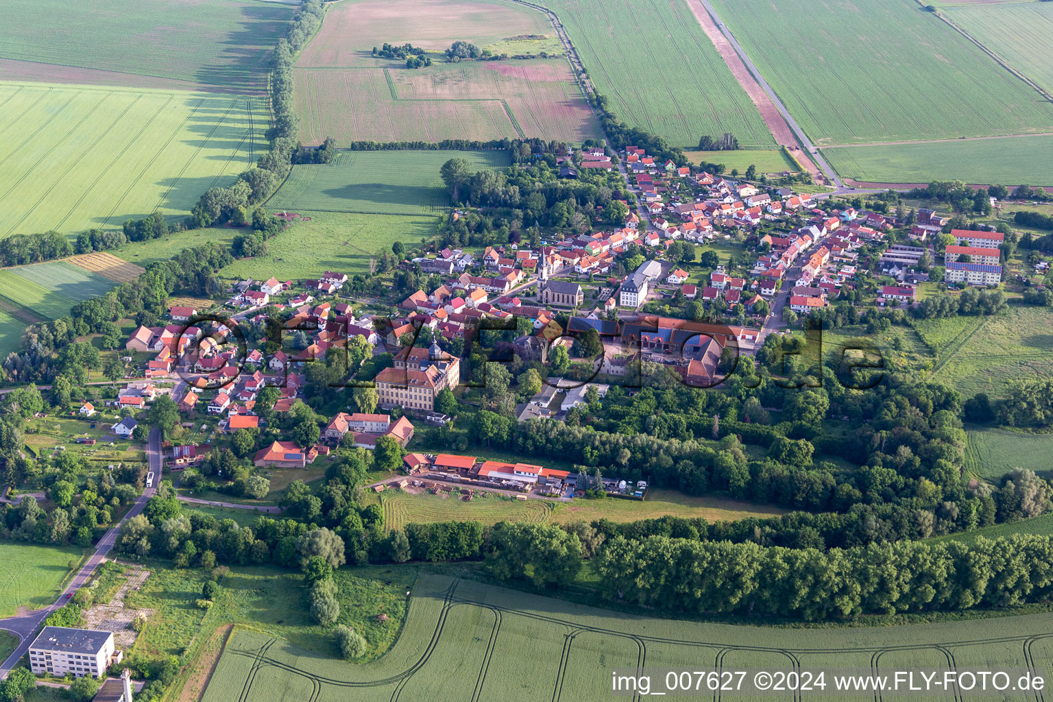 Village view on the edge of agricultural fields and land in Friedrichswerth in the state Thuringia, Germany