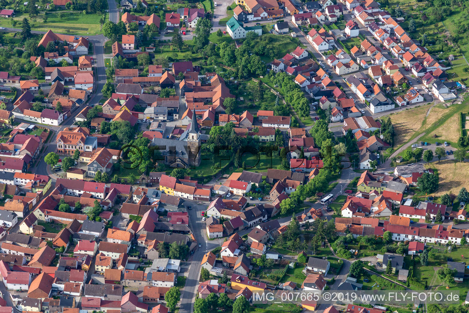 Aerial view of Town View of the streets and houses of the residential areas in Seebergen in the state Thuringia, Germany