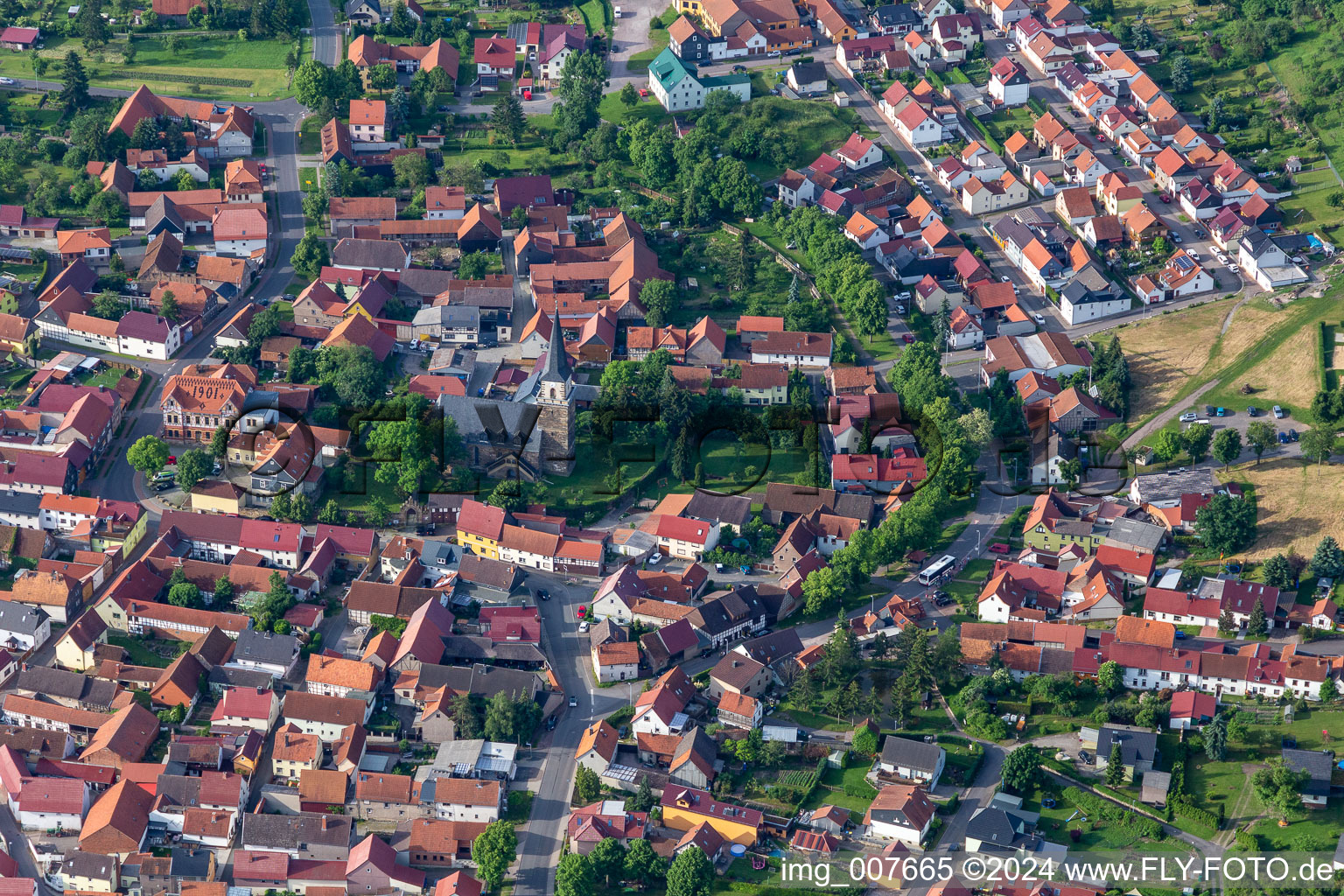 Aerial view of Town View of the streets and houses of the residential areas in Seebergen in the state Thuringia, Germany