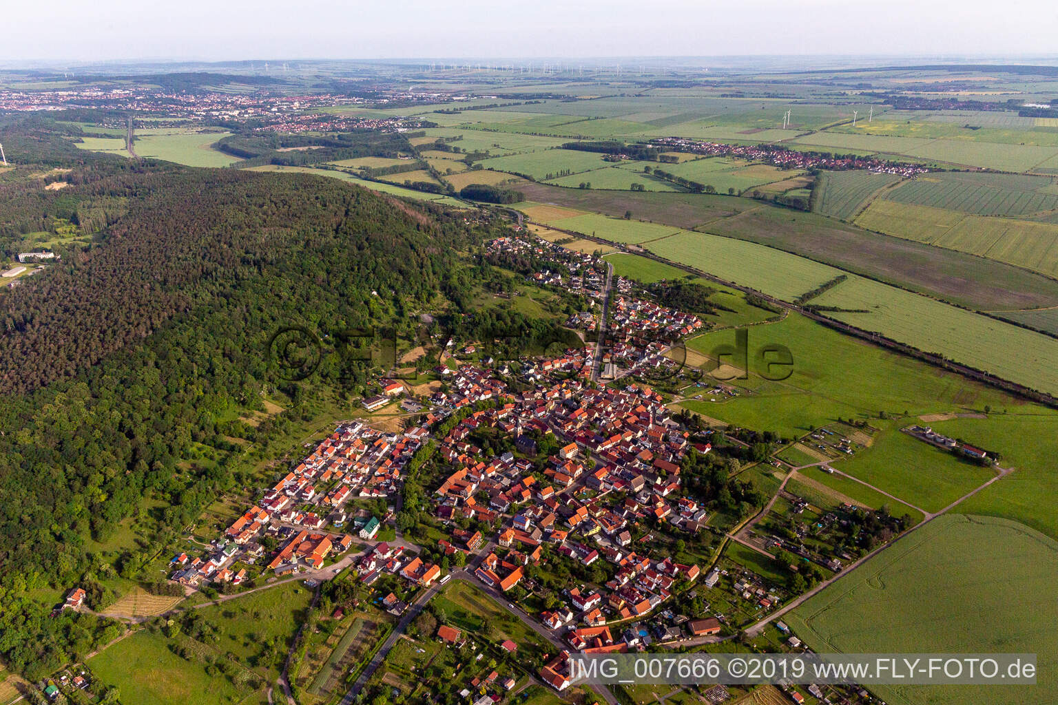 Aerial photograpy of Town View of the streets and houses of the residential areas in Seebergen in the state Thuringia, Germany