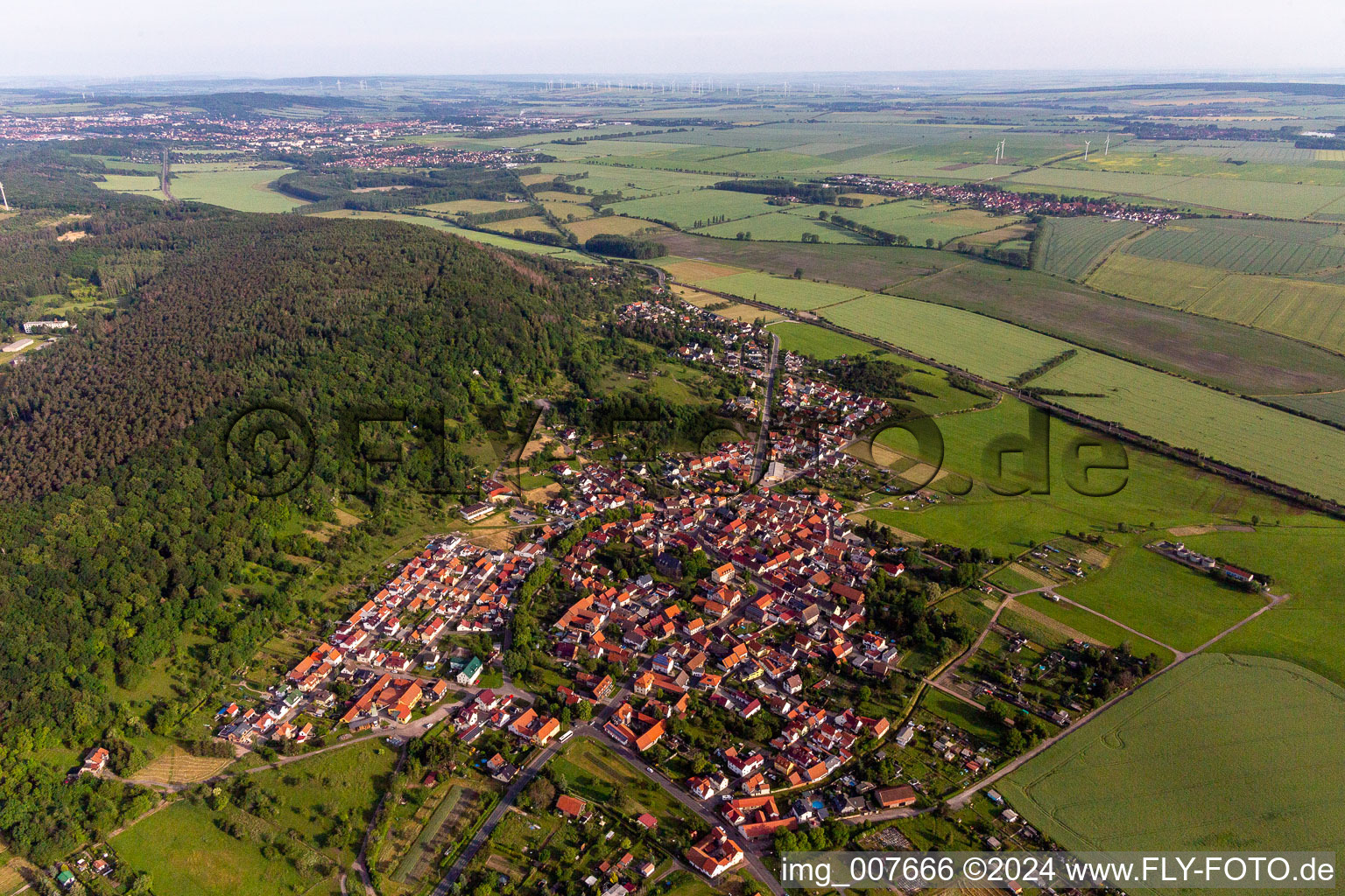 Aerial photograpy of Town View of the streets and houses of the residential areas in Seebergen in the state Thuringia, Germany