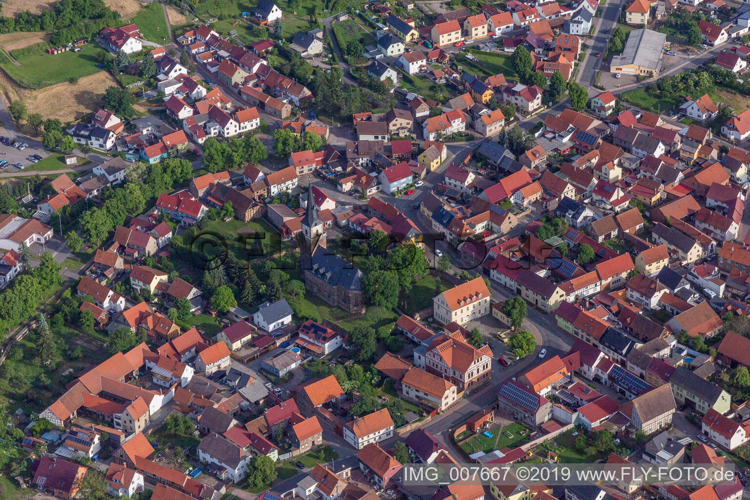 Oblique view of Town View of the streets and houses of the residential areas in Seebergen in the state Thuringia, Germany