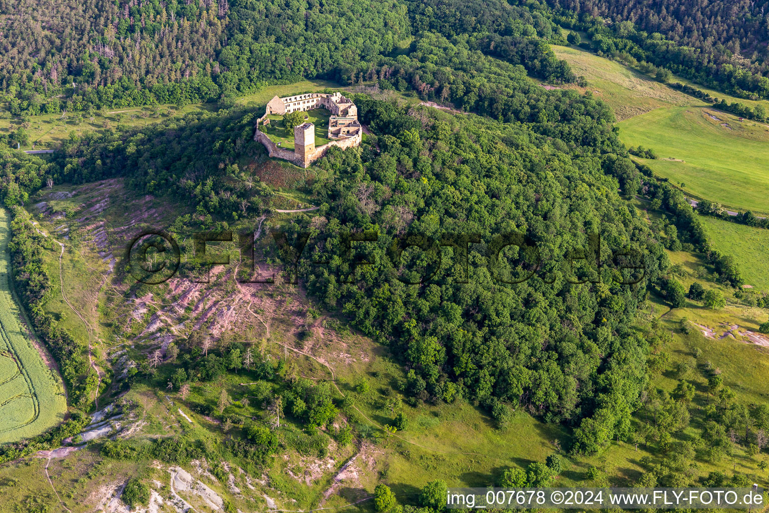 Aerial view of Ruins and vestiges of the former castle and fortress Burg Gleichen on Thomas-Muentzer-Strasse in the district Wandersleben in Drei Gleichen in the state Thuringia, Germany