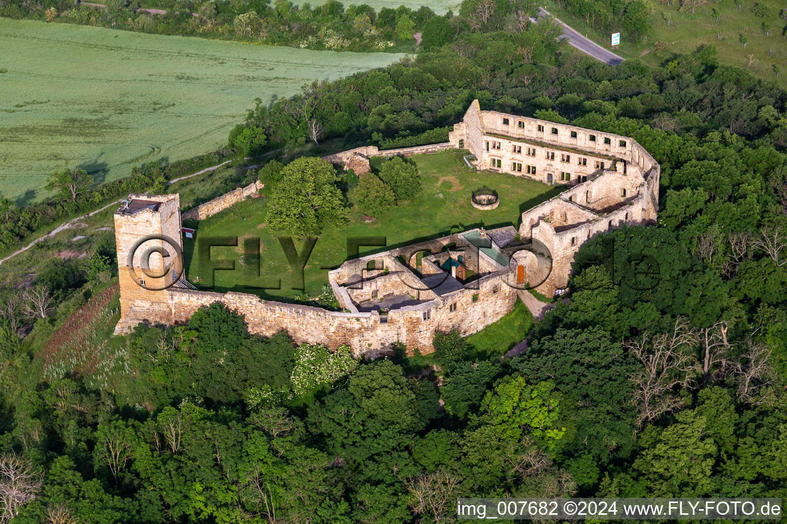 Aerial photograpy of Ruins and vestiges of the former castle and fortress Burg Gleichen on Thomas-Muentzer-Strasse in the district Wandersleben in Drei Gleichen in the state Thuringia, Germany