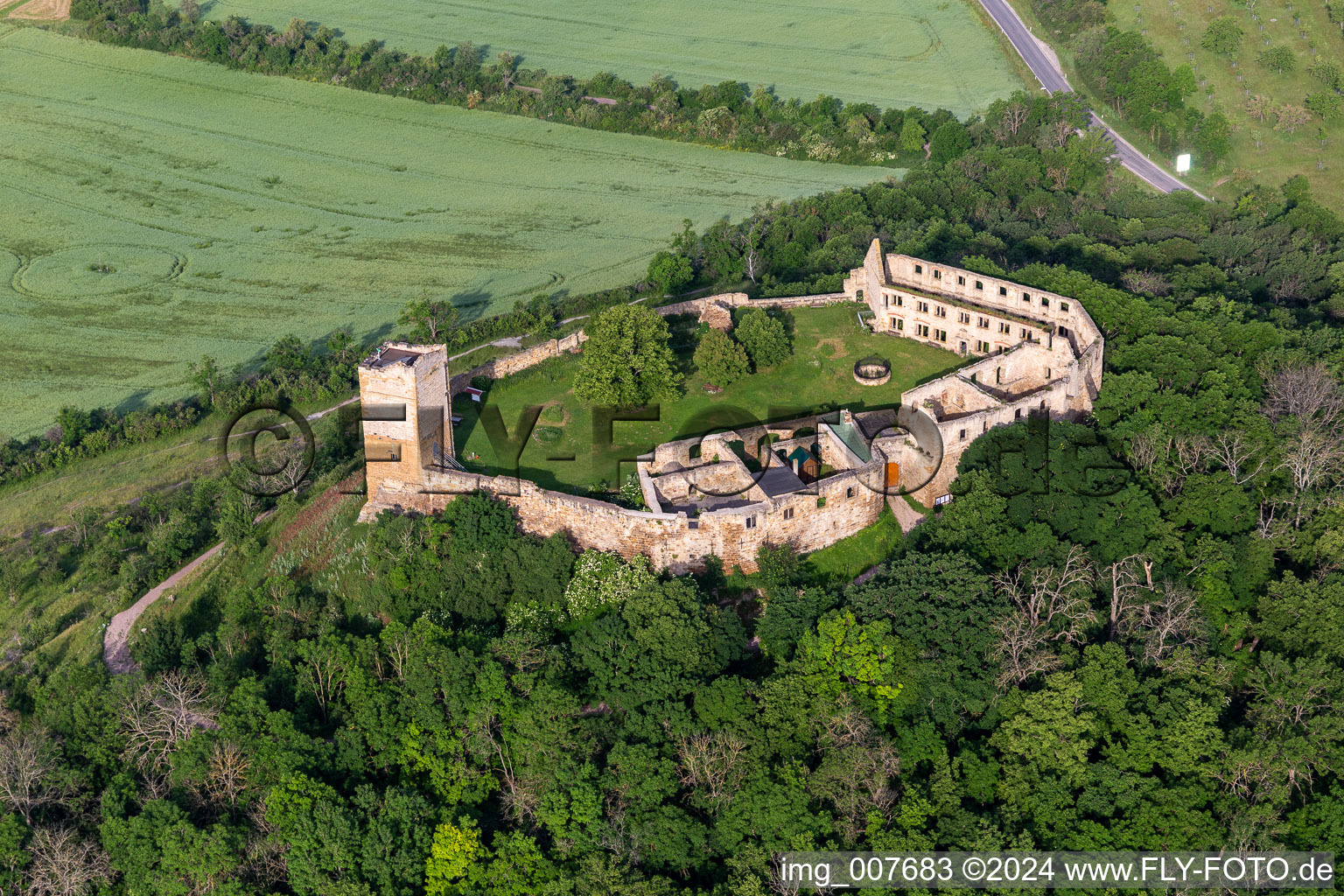 Gleichen Castle in the district Wandersleben in Drei Gleichen in the state Thuringia, Germany from above