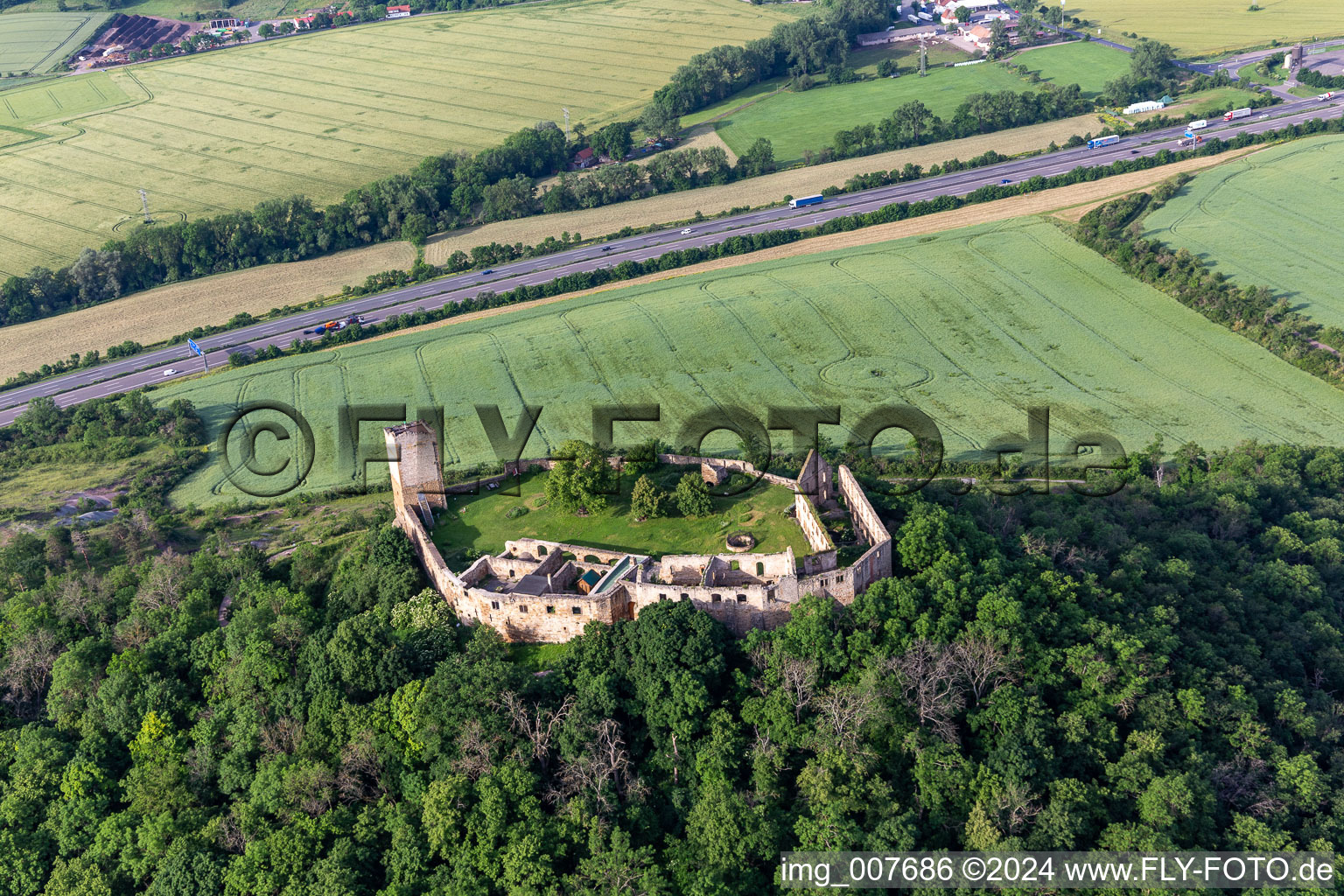 Gleichen Castle in the district Wandersleben in Drei Gleichen in the state Thuringia, Germany from the plane