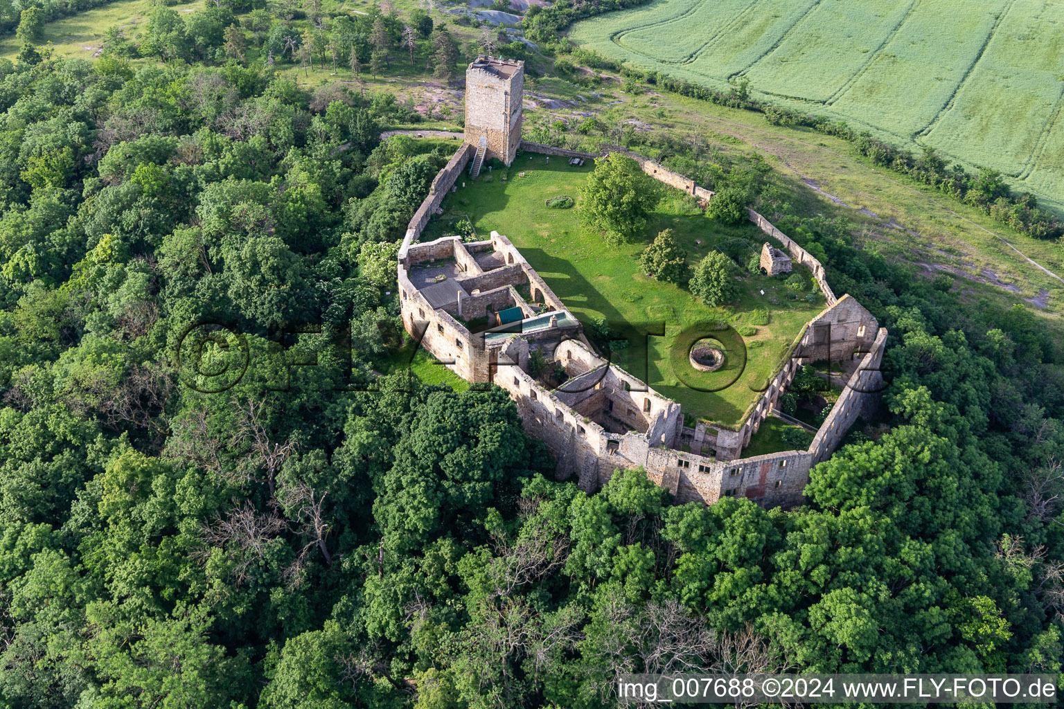 Oblique view of Ruins and vestiges of the former castle and fortress Burg Gleichen on Thomas-Muentzer-Strasse in the district Wandersleben in Drei Gleichen in the state Thuringia, Germany