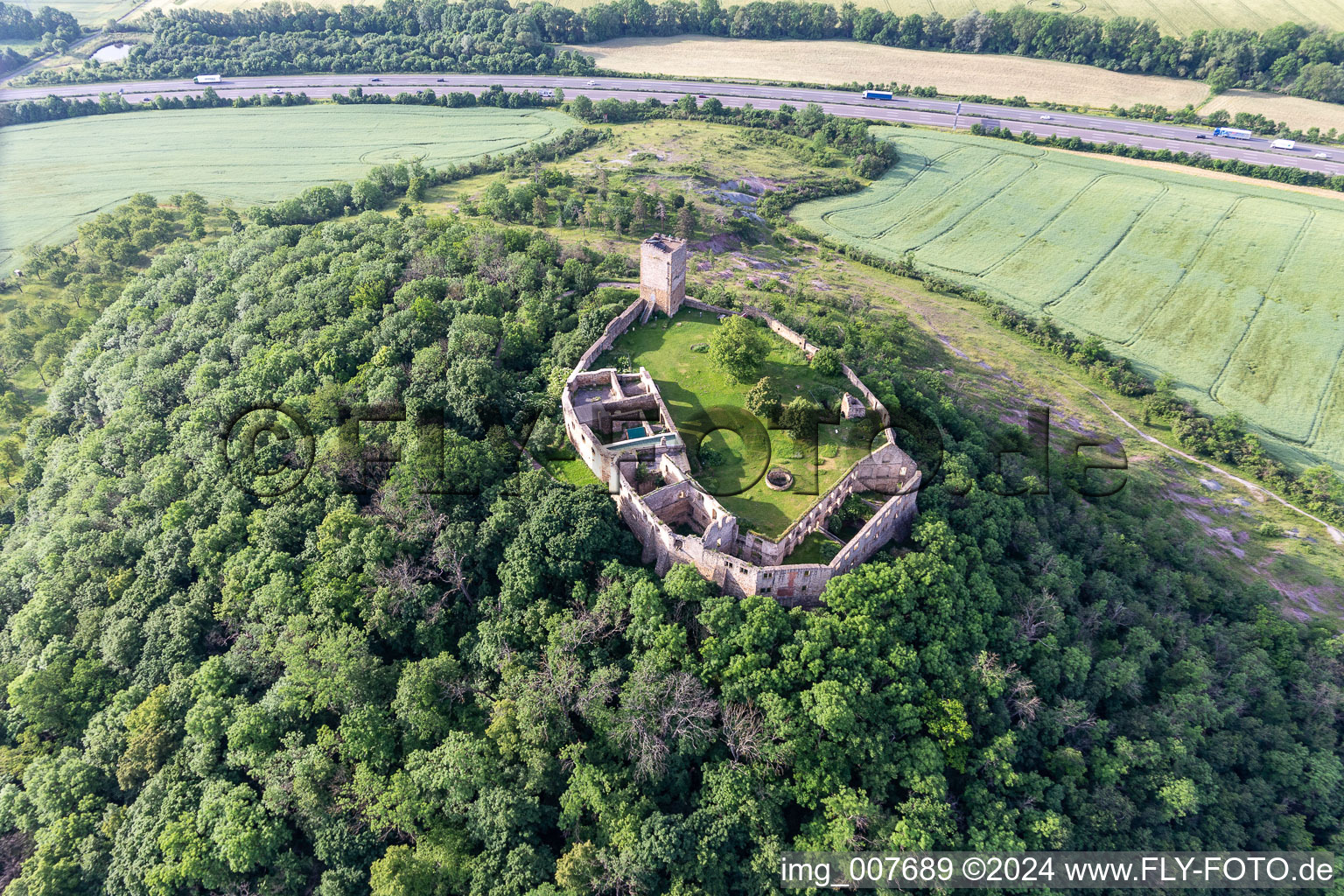 Gleichen Castle in the district Wandersleben in Drei Gleichen in the state Thuringia, Germany viewn from the air