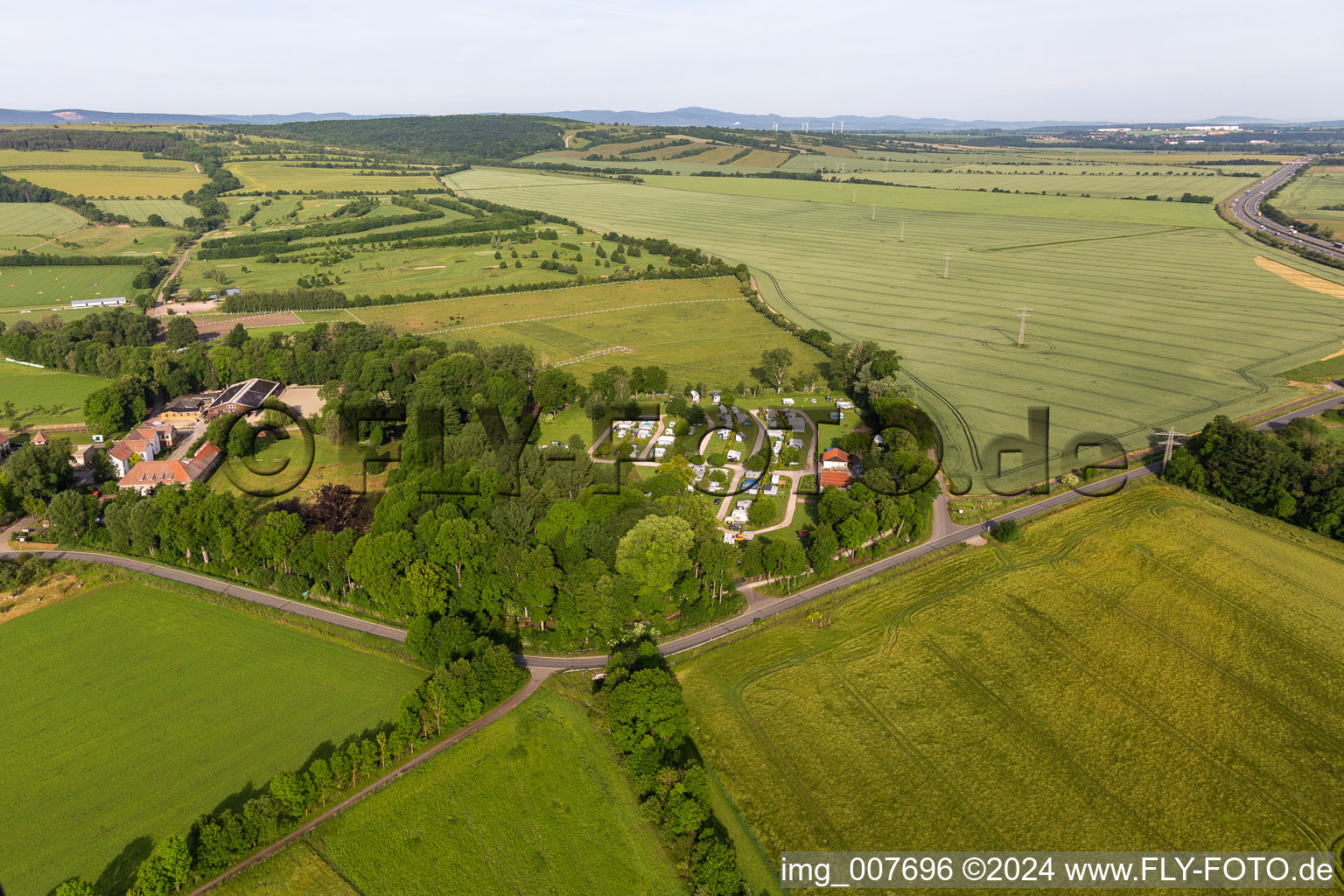 Aerial view of Camping with caravans and tents in Muehlberg in the state Thuringia, Germany