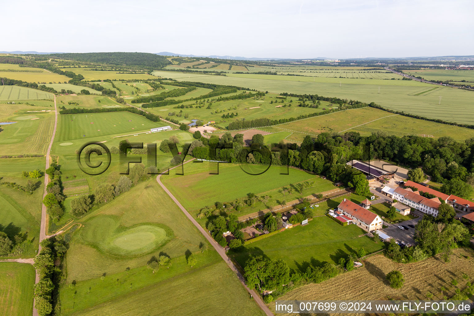 Aerial view of Grounds of the Golf course at " Drei Gleichen Muehlberg e.V. " in Muehlberg in the state Thuringia, Germany