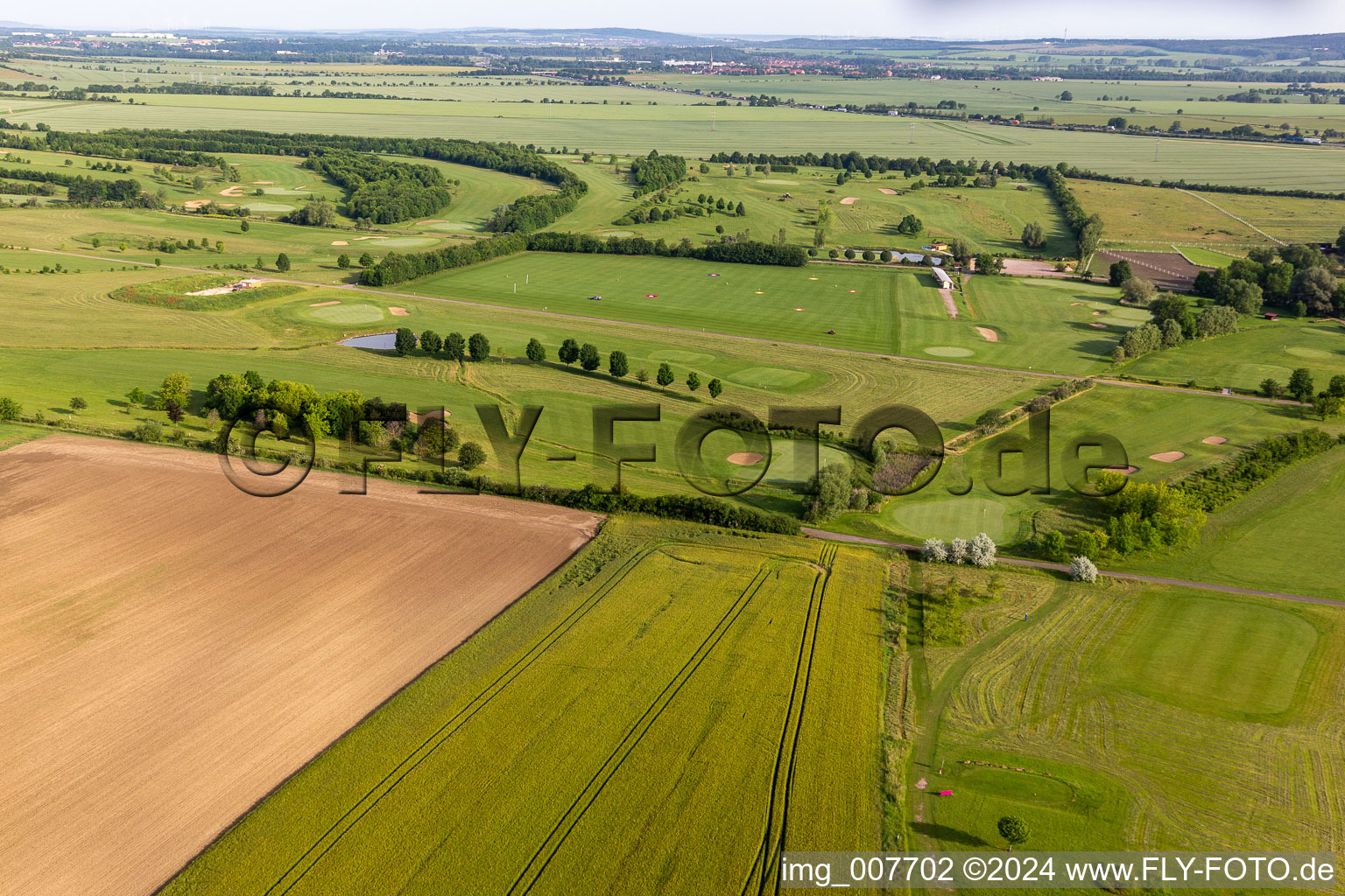 Grounds of the Golf course at " Drei Gleichen Muehlberg e.V. " in Muehlberg in the state Thuringia, Germany from above