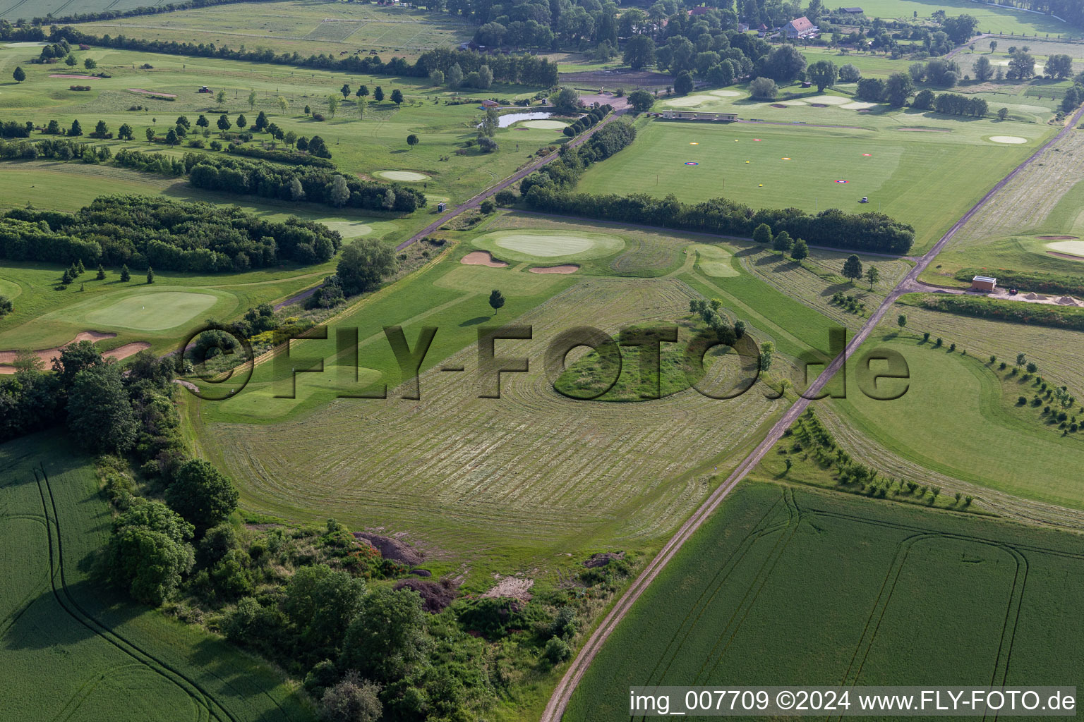 Grounds of the Golf course at " Drei Gleichen Muehlberg e.V. " in Muehlberg in the state Thuringia, Germany seen from above